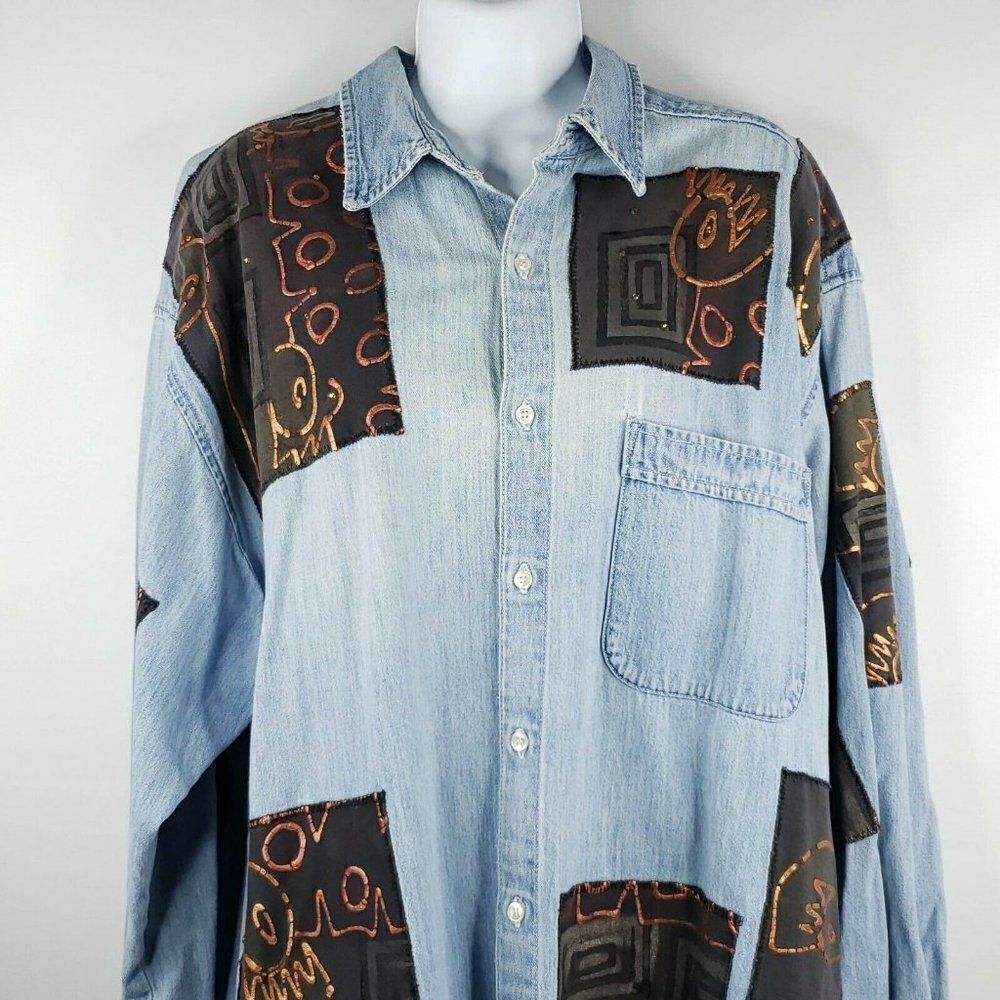 Vtg 90s Womens L Denim Blue Jean Shirt Oversized